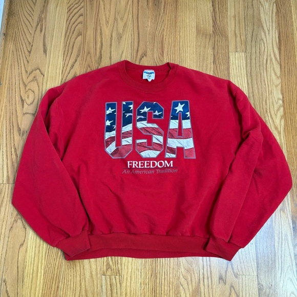 Vintage 90s Y2K USA Bright Red Patriotic Flag Sweatshirt America Freedom - Picture 2 of 14